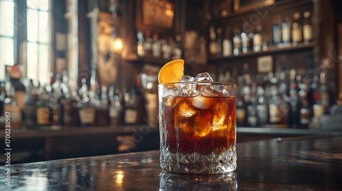 A refreshing old fashioned cocktail with an orange slice and ice cubes sits on a polished bar top in a dimly lit, upscale establishment environment scene.