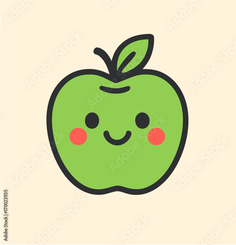 Cute kawaii green apple character with rosy cheeks and a smile, simple flat illustration