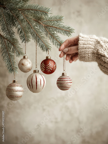 Hand in cozy sweater decorates pine branch with festive Christmas ornaments, creating warm holiday atmosphere. ornaments feature red and white patterns, enhancing seasonal charm