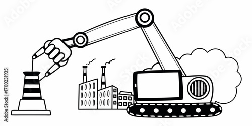 Outline illustration of a robotic arm manipulating a tower near a factory with smoke and a vehicle