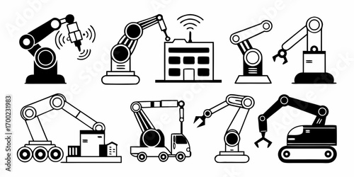 Illustration of various industrial robot arms performing different tasks in a manufacturing setting