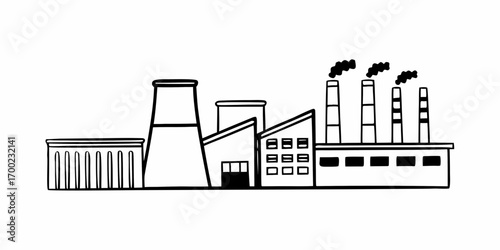 Illustration of a factory with multiple chimneys and different building structures in black and white style