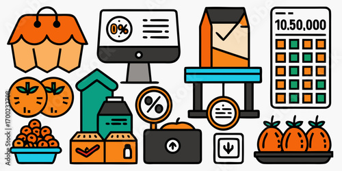 Illustration of a market scene with oranges, a computer screen, and a calculator with numbers shown