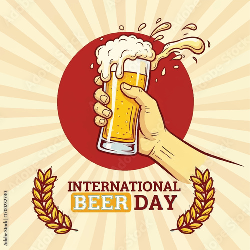 A hand holding a frothy glass of beer with a splash, celebrating International Beer Day with laurel wreaths.