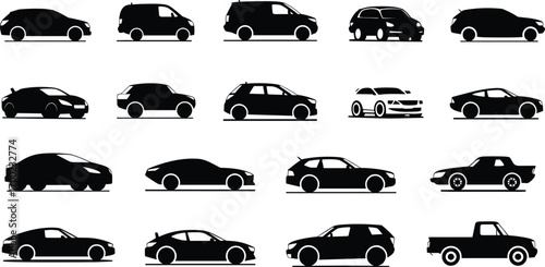 Car silhouette collection, black vector illustration of hatchbacks, sedans, SUVs, sports cars, convertibles, pickups, automotive design, vehicle types, transportation icons