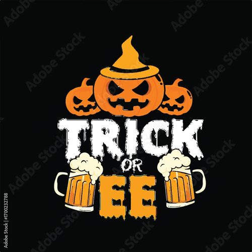 A fun Halloween graphic featuring three jack-o'-lanterns, one with a witch's hat, and the text 'TRICK OR EE' with two frothy beer mugs, all on a black background.