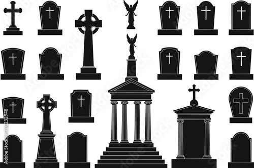 Gravestone silhouette vector set, tombstone icons collection, cemetery monument illustrations, gothic funeral elements, death symbols, memorial architecture clipart