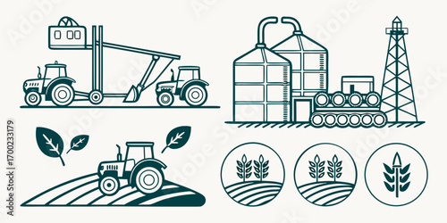 Illustration of farming equipment including tractors, silos, and wheat field icons in green outline