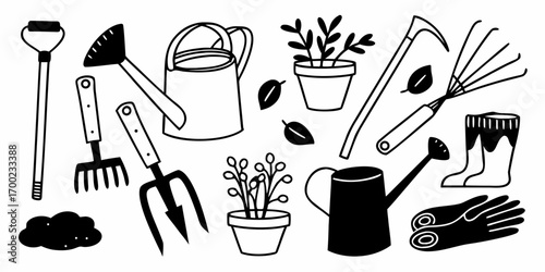 Illustration of various gardening tools including watering cans, rakes, and potted plants in black and white