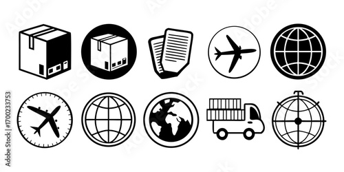 Illustration of shipping and logistics icons including boxes documents planes globes and a delivery truck