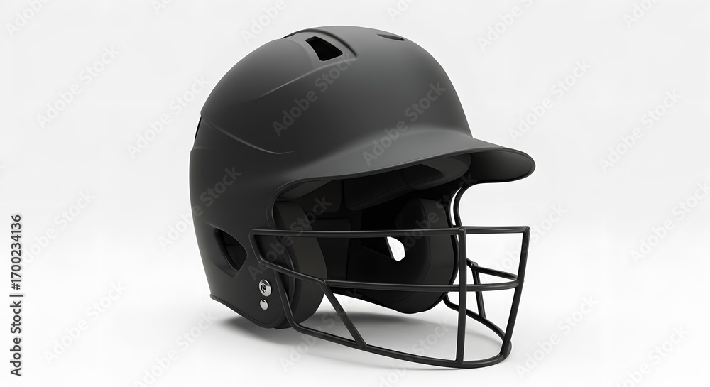 Fototapeta premium Sleek Matte Black Baseball Batting Helmet with Integrated Face Mask for Player Protection, Isolated on a Clean White Studio Background