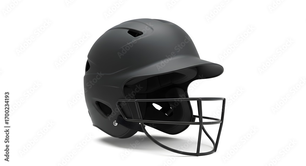 Naklejka premium Matte Black Baseball Batting Helmet with Face Mask Isolated on White Background for Player Protection