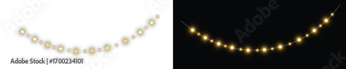 Decorative string lights overlay on contrasting backgrounds, featuring glowing orbs and twinkling stars, ideal for enhancing festive designs and creating enchanting atmospheres
