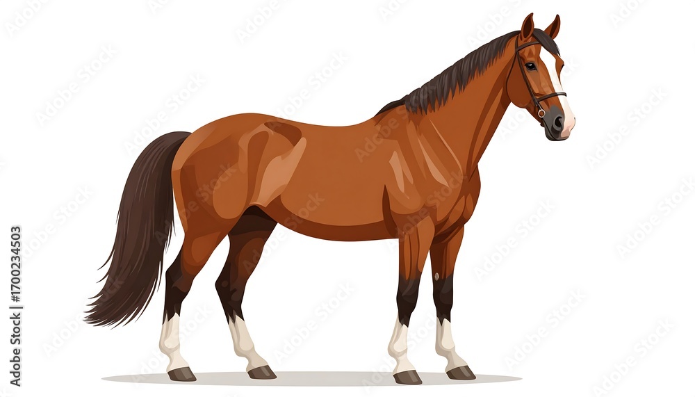 Fototapeta premium Detailed illustration of a reddish-brown horse, showcasing its muscular build and flowing mane and tail against a plain white background.