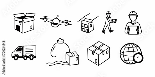Illustration of delivery icons including box drone truck worker and globe representing logistics service