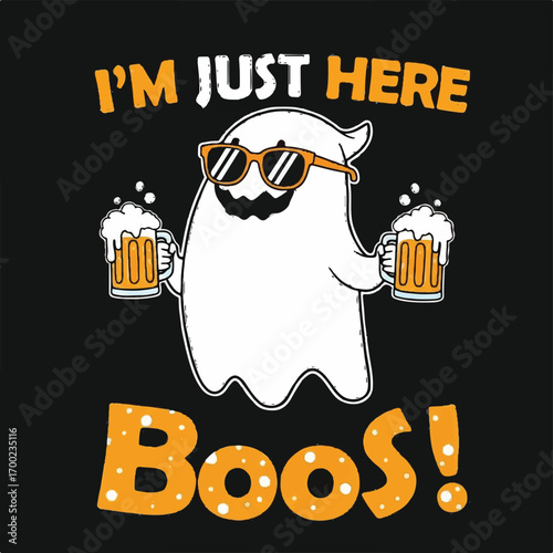 A cool ghost with sunglasses enjoys two beers for Halloween.