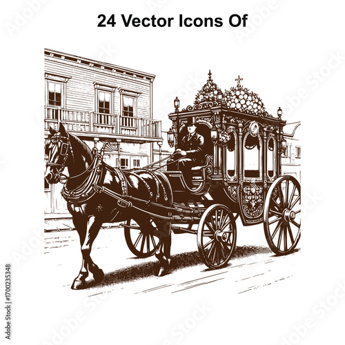 Vintage Horse-Drawn Carriage Standing or running Still – Western Black and White Vector Illustration