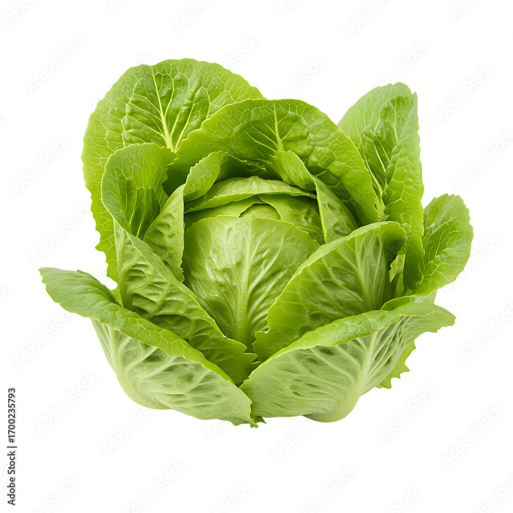 Obraz premium Crisp fresh head of romaine lettuce, with its vibrant green, deeply ribbed leaves forming a classic compact shape.