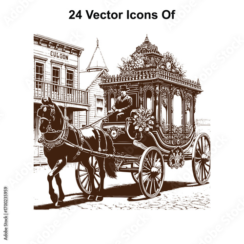 Vintage Horse-Drawn Carriage Standing or running Still – Western Black and White Vector Illustration