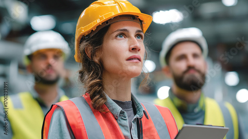 A focused female engineer in yellow hardhat with colleagues at a manufacturing facility site