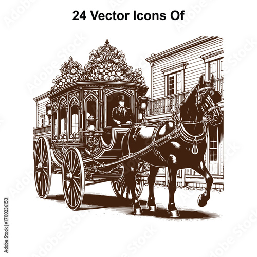 Vintage Horse-Drawn Carriage Standing or running Still – Western Black and White Vector Illustration