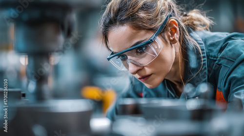 A woman in safety glasses working with machinery in a factory environment with focus and precision