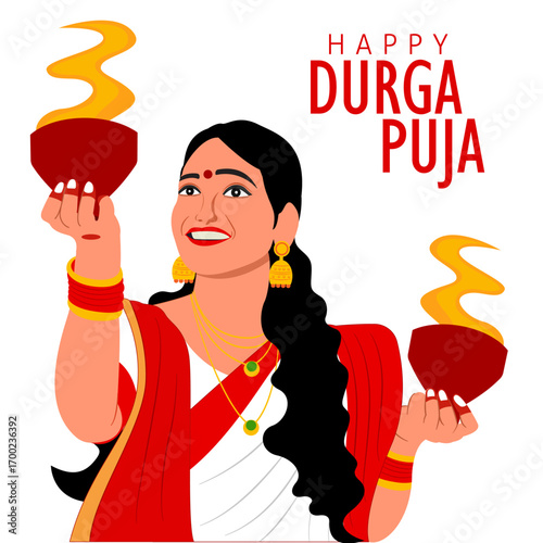 bengali women performing dhunuchi dance on durga puja navratri poster vector illustration