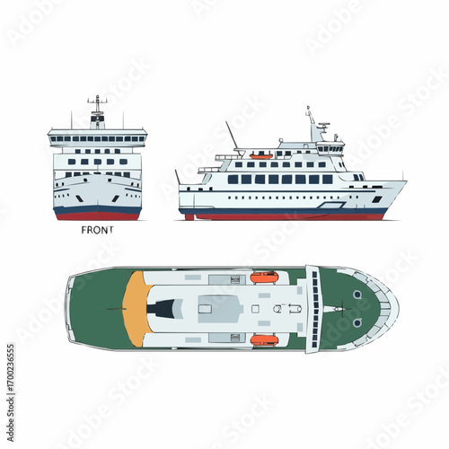 Ferry Boat Vector Illustration: Front, Side, Top Views, Transportation, Marine Vessel