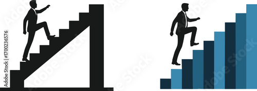 Businessman climbing stairs icon, career growth success concept, corporate development symbol, business progress, leadership journey vector, achieving goals.