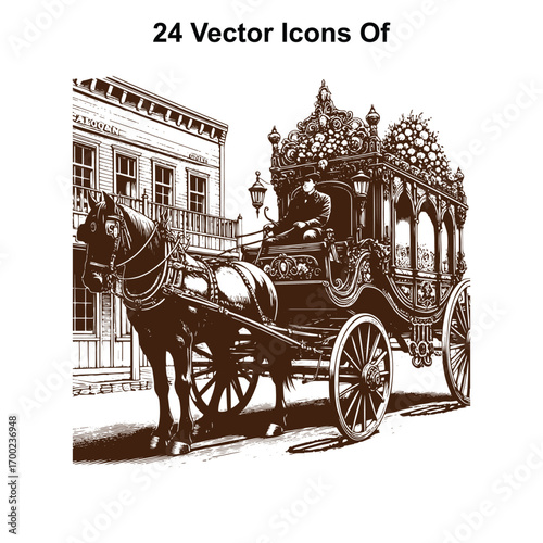 Vintage Horse-Drawn Carriage Standing or running Still – Western Black and White Vector Illustration