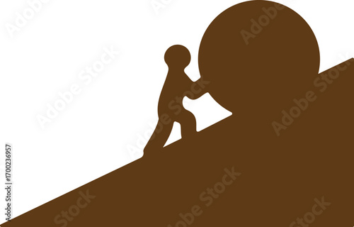Silhouette of Endeavor: Depicting unwavering persistence, a determined figure struggles, pushing a heavy sphere uphill.