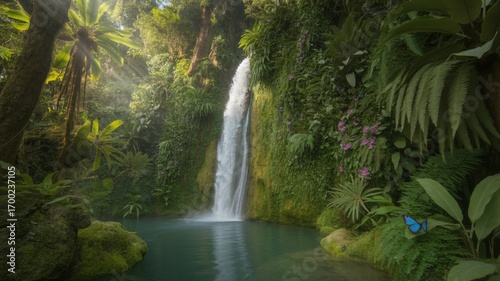 Discover a stunning waterfall oasis hidden in lush green jungle paradise with a vibrant blue butterfly