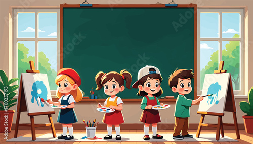 Young children having fun painting on canvases in a school art class