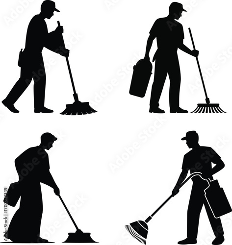 Silhouettes of four janitors or cleaners performing various cleaning tasks with brooms and buckets on a white background