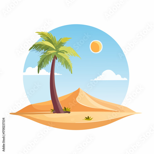 Desert Oasis Palm Tree with Sand Dune and Sun in Circle Frame