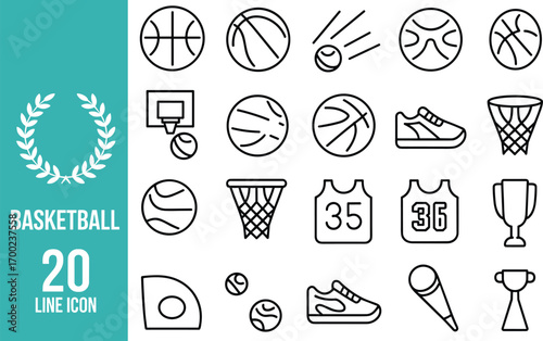 Basketball line icon vector set with 20 minimal outline sport symbols including balls, hoops, jerseys, sneakers, trophies, medals, court, and scoreboard