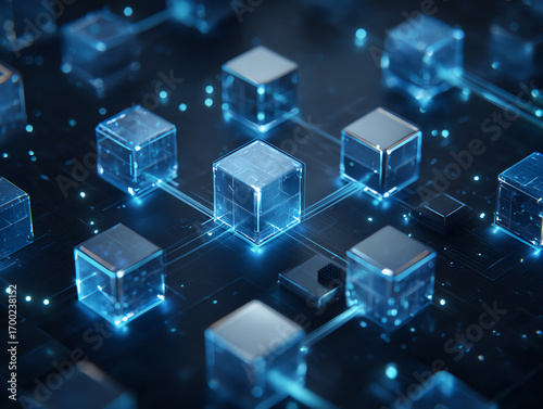 Futuristic blockchain technology with glowing digital cubes.