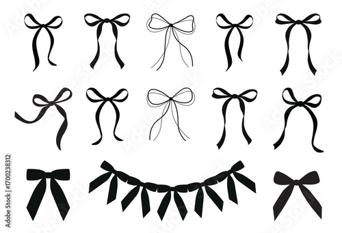 Simple hand drawn black bows. Bowknot for decoration, big set of bowtie. Large retro hand drawn ribbon illustration set. Set of various cartoon bow knot, gentle gift ribbon. Black collection set