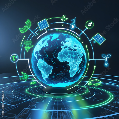 Digital glowing hologram globe Earth surrounded by futuristic renewable icons representing clean green future