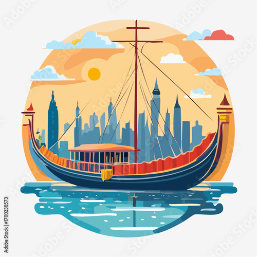 Pixel Art Dhow Boat in Front of City Skyline at Sunset