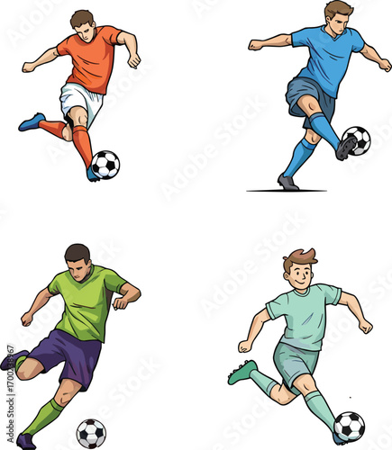 Cartoon vector soccer players in action kicking ball – colorful football character illustrations for sports games, youth content, and design.