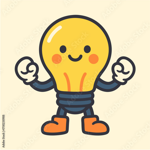A cheerful and strong cartoon light bulb character, symbolizing brilliant ideas and creative power, ready to illuminate your projects with innovative solutions