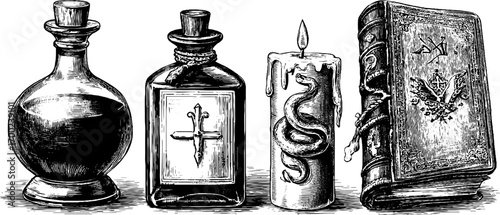 Mystical alchemy secrets: vintage engraving design for posters and cards