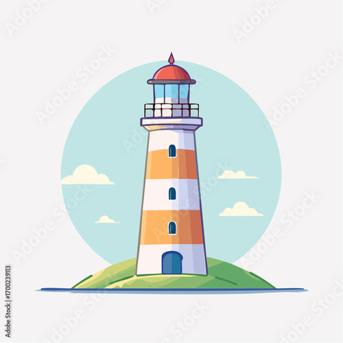 Pixel Art Lighthouse On Small Green Island With Blue Sky Background