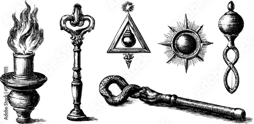 Ancient symbols collection in vintage engraving style for design and decor