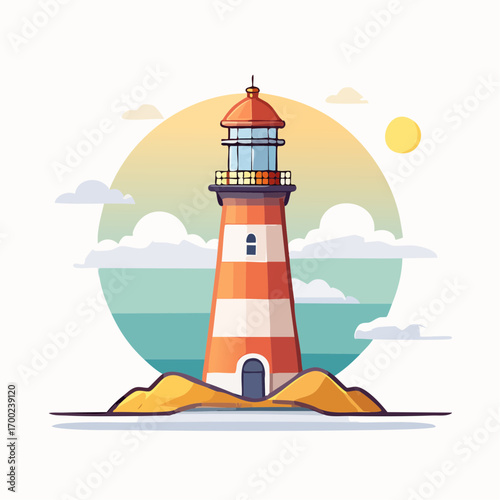 Pixel Art Lighthouse on Sandy Island with Sunset Background