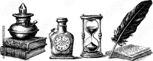 Vintage alchemy table with engraving style objects for historical design