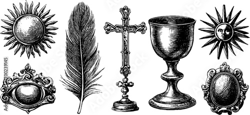 Ancient symbols collection in vintage engraving style for historical design