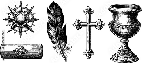 Ancient symbols in vintage engraving style for historical design elements