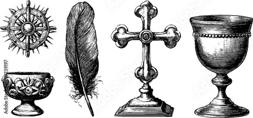 Ancient symbols in vintage engraving style for historical designs